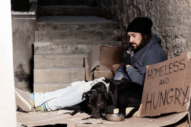 Houseless adam backstreet üzerinde köpeğiyle oturuyor