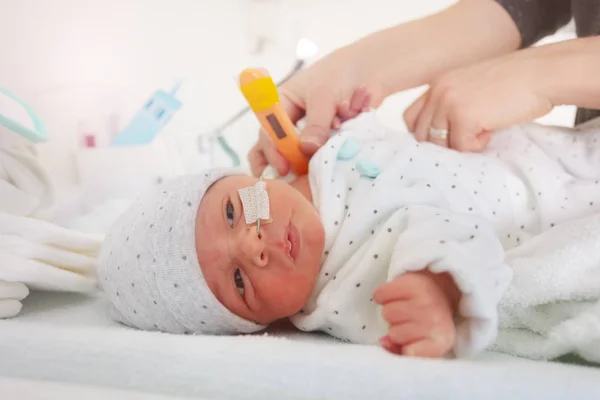 Petit Nouveau Prématuré Enfant Garçon Avec Thermomètre Les Mains Des — Photo