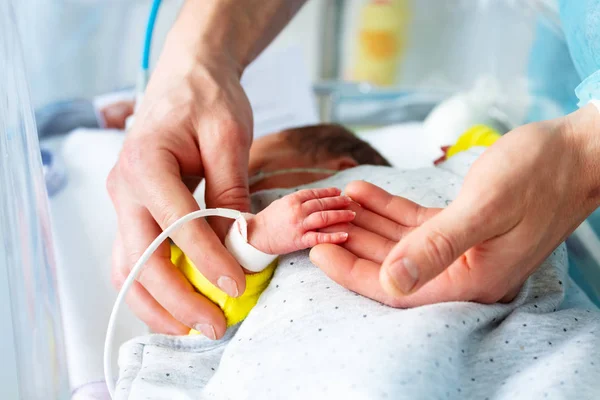 Vaders Hand Vroeggeboren Baby Kind Icu Ziekenhuiskamer Met Monitor — Stockfoto