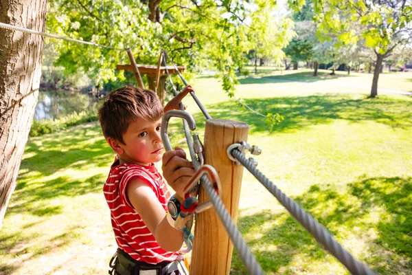 Ragazzino Che Cammina Tra Gli Alberi Sulla Corda Parco Avventura — Foto Stock