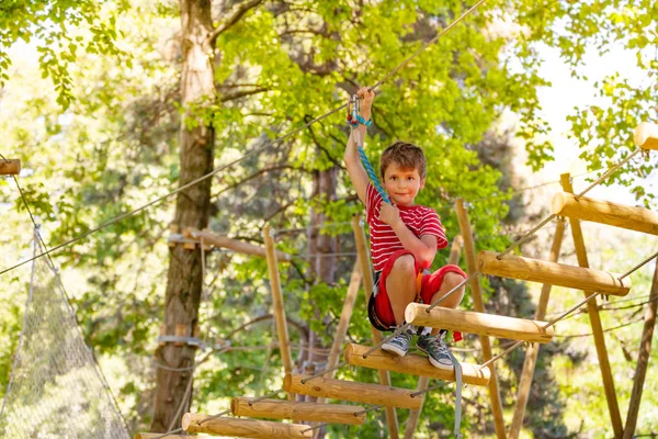 Garçon Portrait Sur Corde Ciel Suspendu Pont Arbre Tenant Câble — Photo