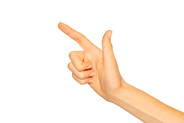 Vrouwelijke Hand Aanraken Klik Iets Geïsoleerd Witte Achtergrond — Stockfoto