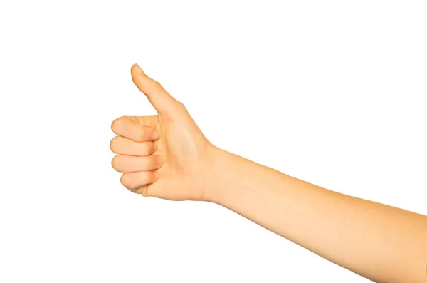 Close Picture Woman Hand Giving Thumbs Gesture Isolated White Background — Stock Photo, Image