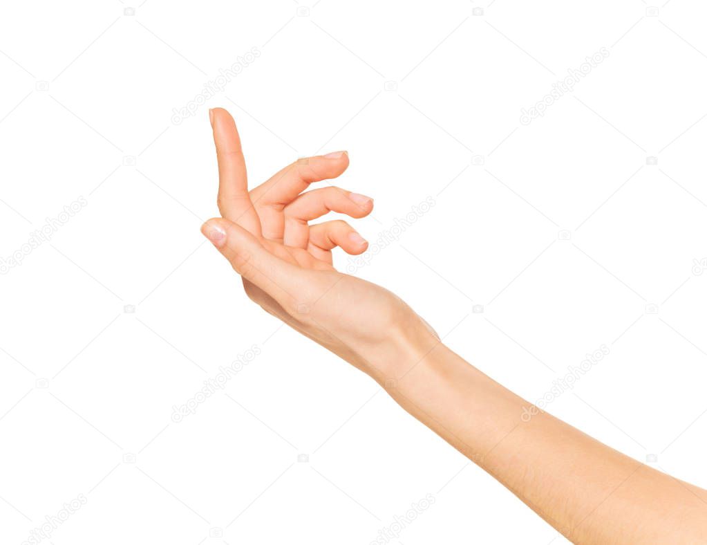 Close up picture of empty female hand holding something isolated on white