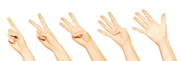 Female hands with one, two, three, four and five fingers isolated on white background