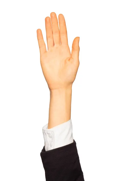 Mano Femenina Uniforme Mostrando Cinco Dedos Aislada Sobre Fondo Blanco — Foto de Stock