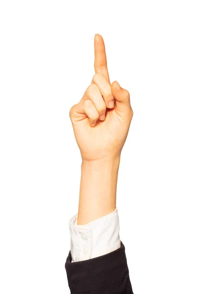Frauenhand Mit Erhobenem Zeigefinger Isoliert Auf Weißem Hintergrund — Stockfoto