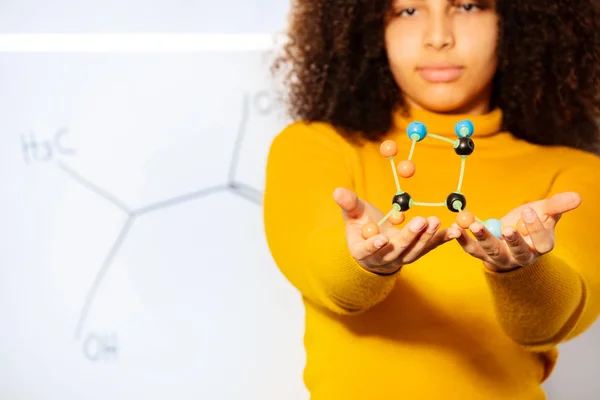 Closeup Acid Molecule African Mixed Appearance Student Girls Hands — Stock Photo, Image
