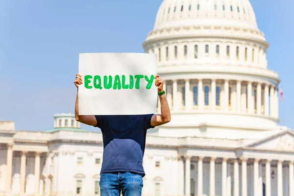 Man Protest Front Usa Capitol Washington Holding Sign Saying Equality — Stock Photo, Image