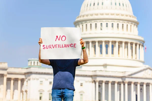Man Protest Front Usa Capitol Washington Holding Sign Saying Surveillance — Stock Photo, Image
