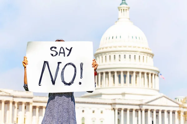 Woman Protest Front Usa Capitol Washington Holding Sign Saying Say — Stock Photo, Image