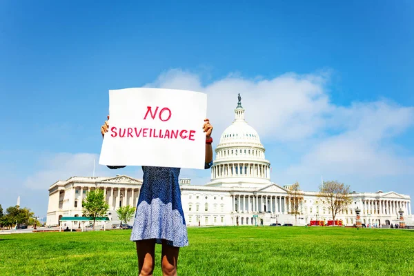 Woman Protest Front Usa Capitol Washington Holding Sign Saying Surveillance — Stock Photo, Image
