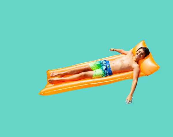 Relaxed Happy Boy Swim Inflatable Matrass Spread Hands Wearing Sunglasses — Stock Photo, Image