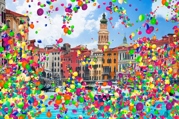 Grand canal in Venice, Italy with many colorful air balloons flying around, festive celebration concept