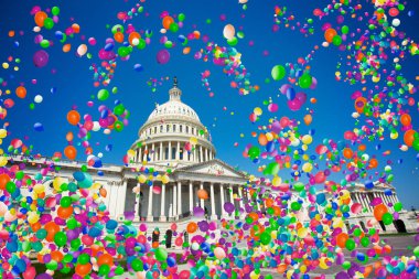 USA capitol in Washington with many colorful air balloons flying around, festive celebration concept clipart