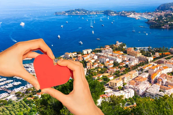Czerwone Serce Miłości Tle Nicea Panorama Zatoki Statków Łodzi Morzu — Zdjęcie stockowe