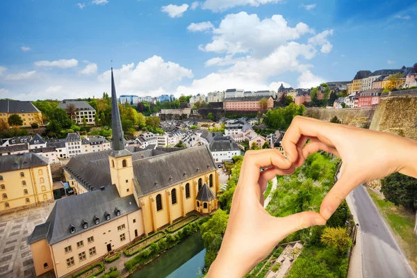 Red Love Heart Background Abbey Neumunster Luxembourg City Alzette River — Stock Photo, Image