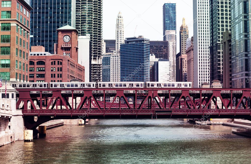 City of Chicago downtown bridges metro train and river, Illinois, USA