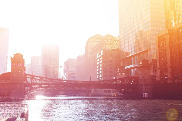 Uitzicht Zonsondergang Stad Chicago Rivier Het Centrum Illinois Verenigde Staten — Stockfoto