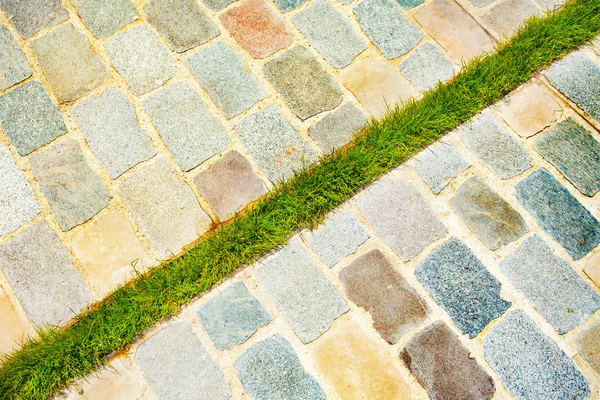 Technik Zum Verstecken Des Regenwasserabflusses Mit Hübschem Rasenpflaster Auf Ziegelsteinpflaster — Stockfoto