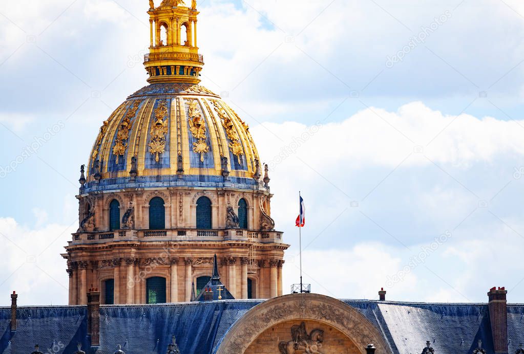Closeup of Invalides building and dome Paris during summer, France