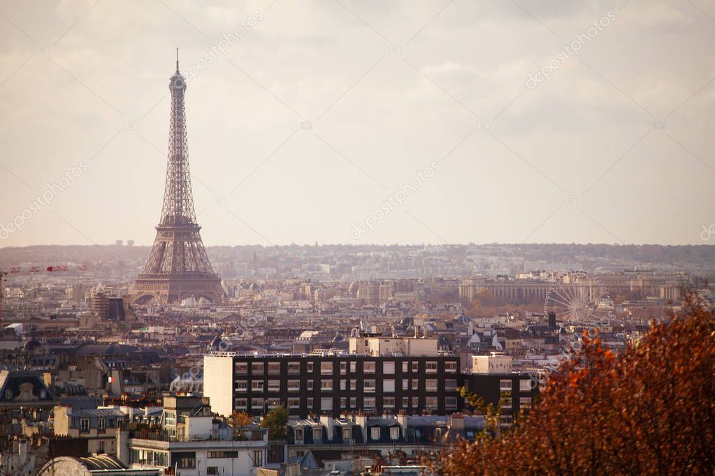 View of Paris and Eifel tower from 20th district panorama from park Belvedere de Belleville