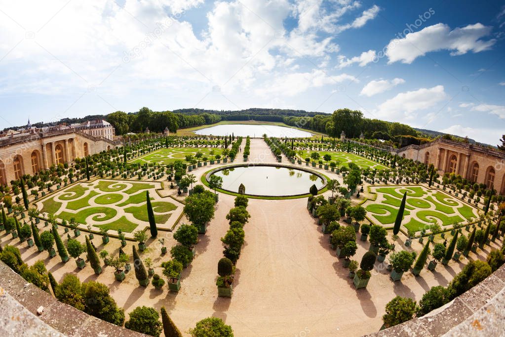 Perspective of Versailles gardens stretching away towards the horizon from the Water Parterre, France, Europe