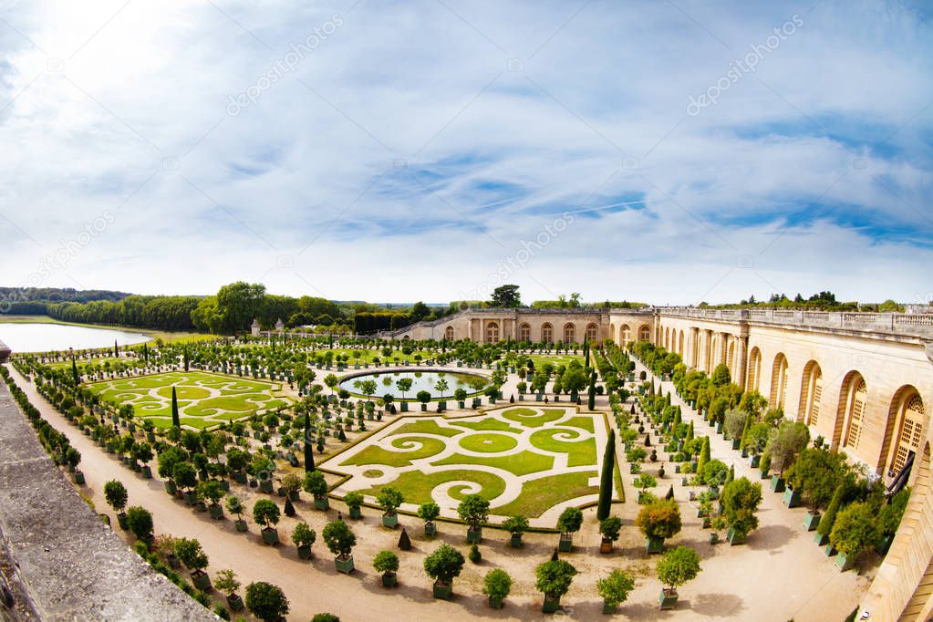 Aerial view of the Palace of Versailles gardens with orangery and Water Parterre, France, Europe