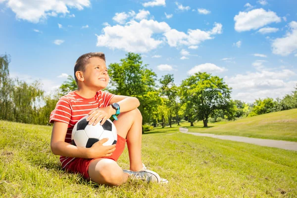 Little Cute Caucasian Boy Football Ball Sit Grass — Stock Photo, Image