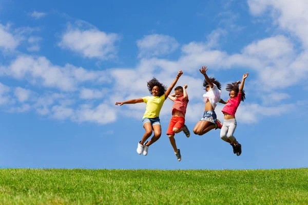 Group Divers Kids Friends Jump High Clean Blue Sky Waving — Stock Photo, Image