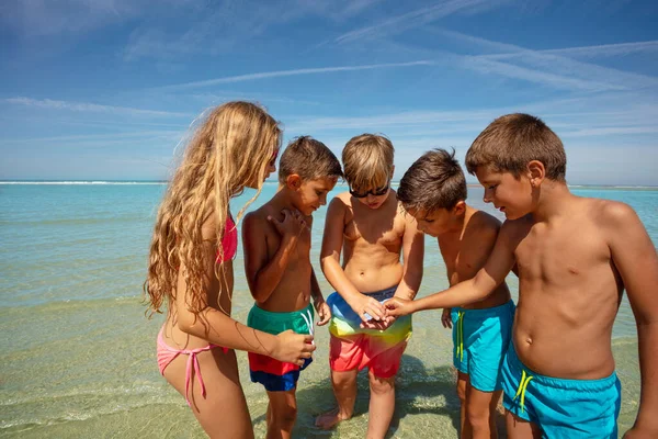 Jungen Und Mädchen Schauen Sich Muschelshow Über Gründung Meerwasser — Stockfoto