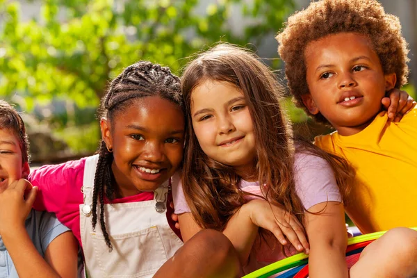 Close Portrait Group Thee Children Sit Together Hugging Smiling Talking — Stock Photo, Image