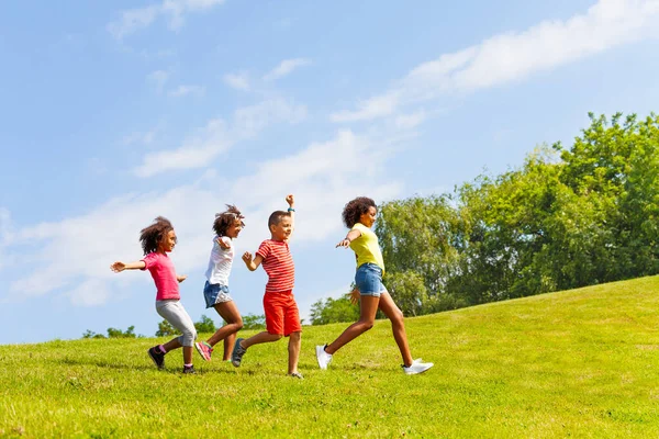 Zijaanzicht Van Een Groep Rennende Kinderen Het Park Gazon Zomerdag — Stockfoto