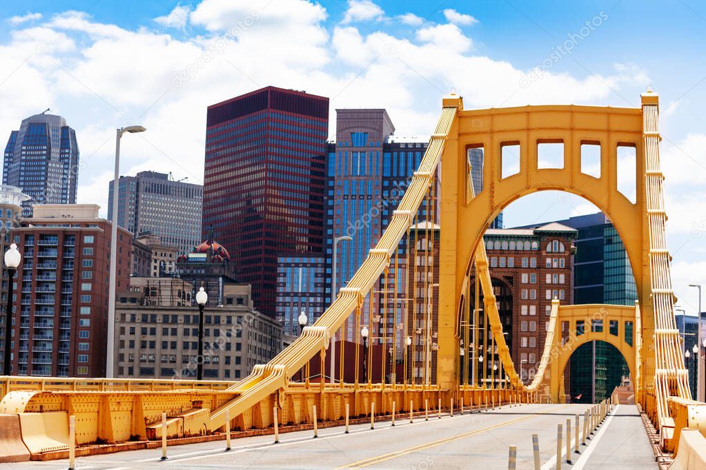 Roberto Clemente Bridge structure over Pittsburg downtown, Pennsylvania, USA