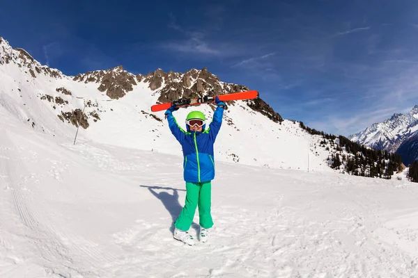 Little Boy Hold Alpine Mountain Ski Lifted Hands Wear Skiing — Zdjęcie stockowe