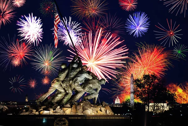 Marine Corps War Memorial in Arlington County, Virginia, in the United States during fireworks
