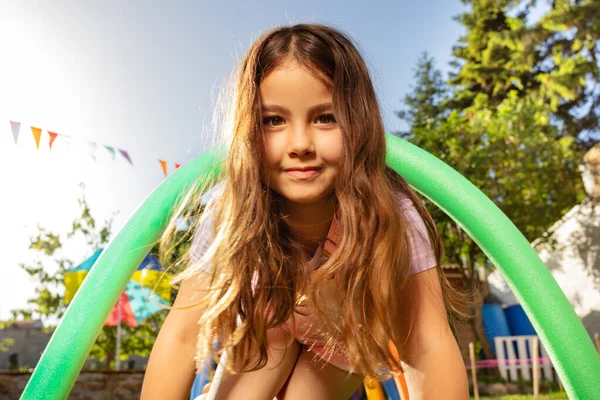 Portrait Nice Little Girl Long Hairs Passing Tunnel Made Arcs — Stock Photo, Image