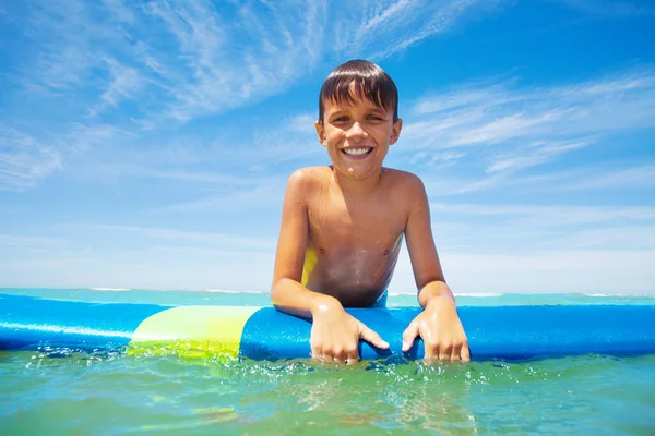 Portrait Little Boy Surfer Holding Surfboard Swim Smiling Looking Camera — Stock Photo, Image