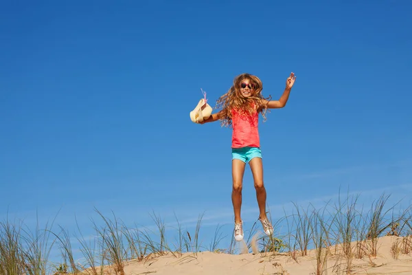 Portrait Beautiful Girl Jump Sand Dune Beach Blue Sky — Stock Photo, Image