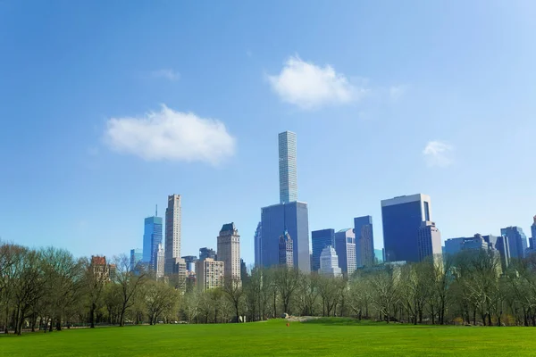 Clouds New York Skyline Panorama Lawn Grass Field Spring Day — Stok fotoğraf