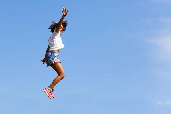 Carefree Relaxed Young Beautiful Girl Jump High Clear Blue Sky — Stock Photo, Image