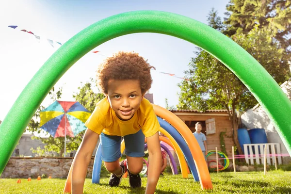 Little Black Boy Yellow Shirt Play Passing His Four Game — Stock Photo, Image