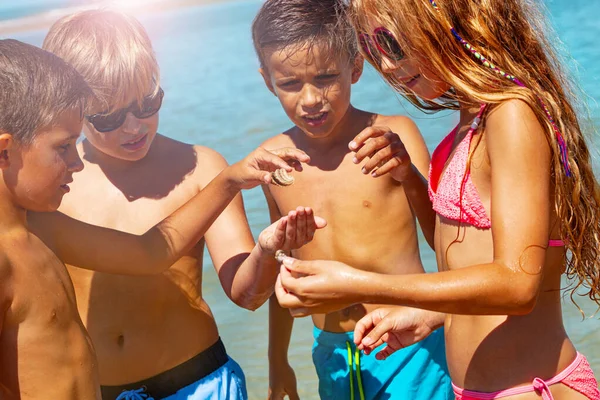 Группа Детей Нашла Раковину Пляже Стоящую Вместе Обсуждая Показывая — стоковое фото