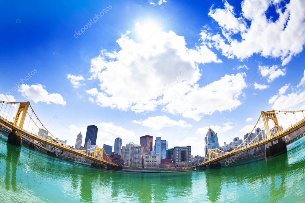 Panorama of Roberto Clemente Fort Duquesne Bridges and Pittsburg skyline, Pennsylvania, USA