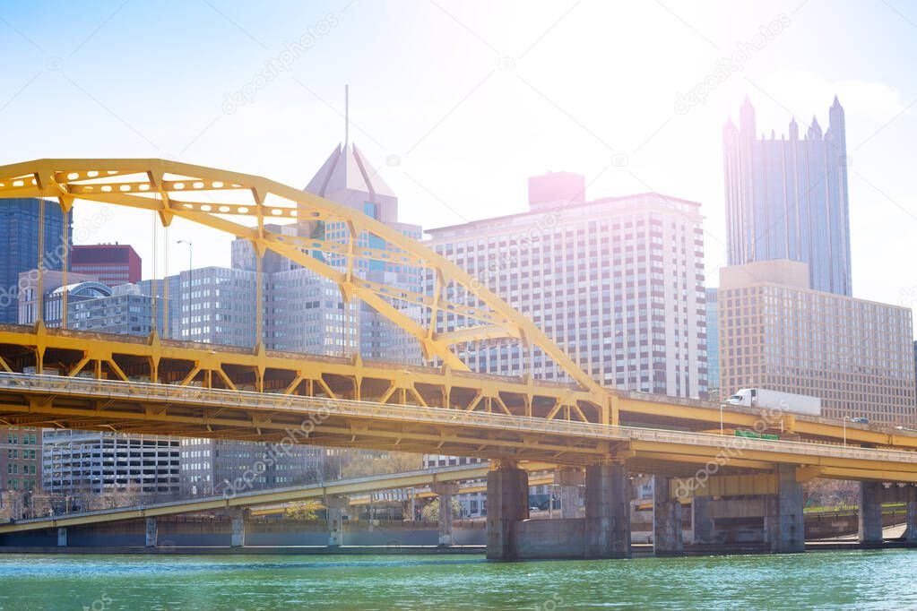 Fort Duquesne Bridge over downtown buildings in Pittsburg, Pennsylvania, USA
