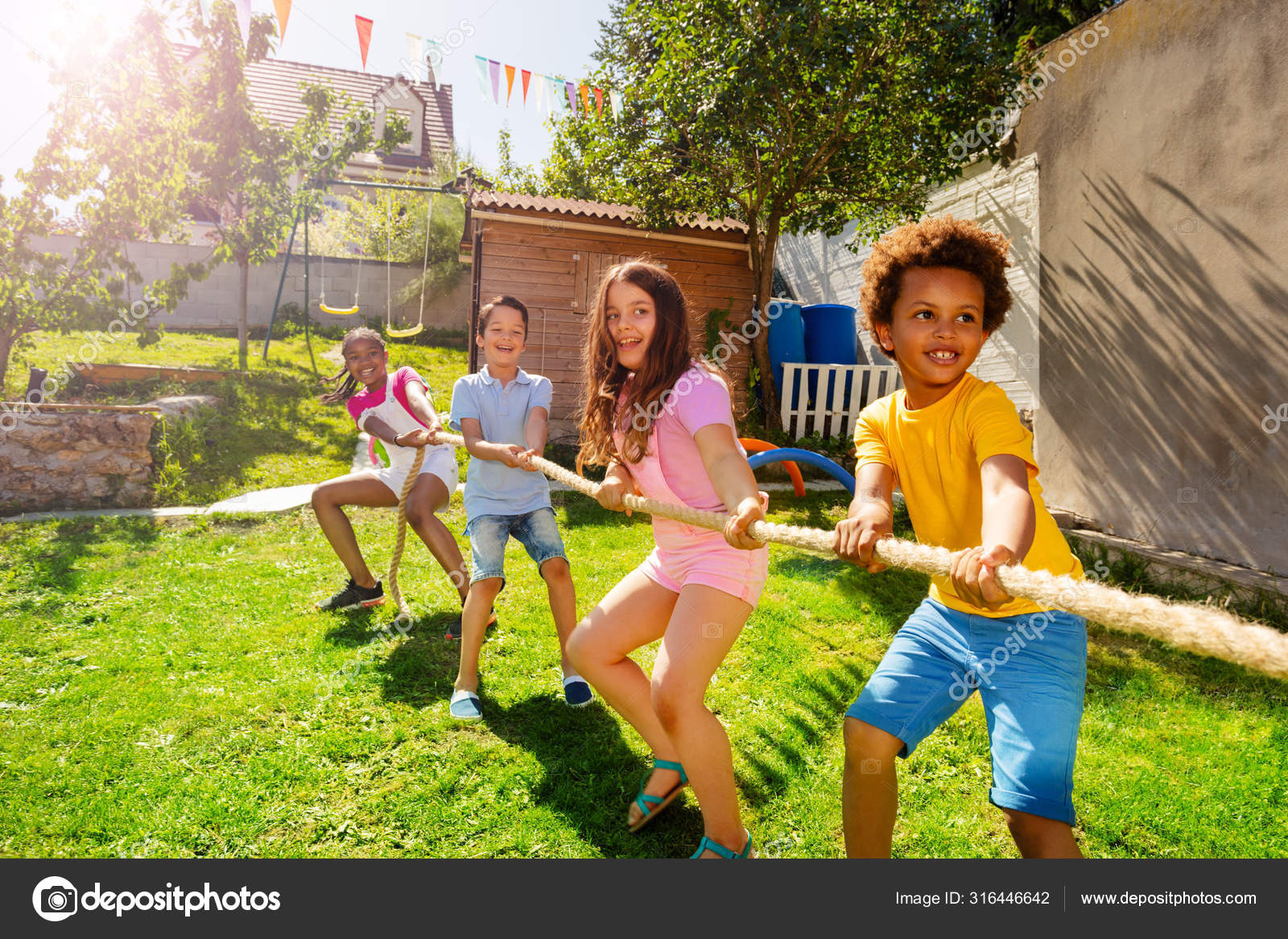 Many Diverse Kids Boys Girls Pull Rope Competitive Game Playground Stock  Photo by ©serrnovik 316446642