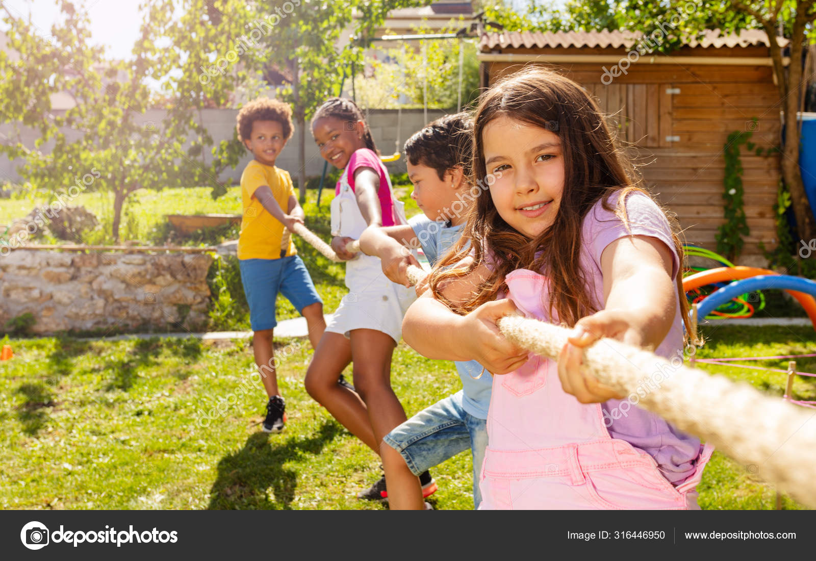 Portrait Diverse Children Boys Girls Pull Rope Competitive Game