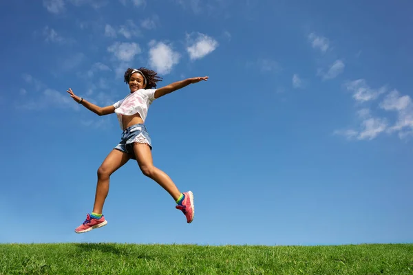 Happy Girl Jump Run Clean Grass Sky Background Stretched Hands — Stock fotografie