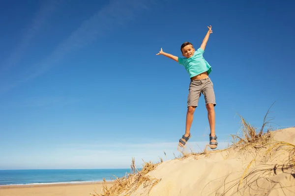 Happy Cute Boy Long Hair Jump Sand Sea Beach — Stock Photo, Image