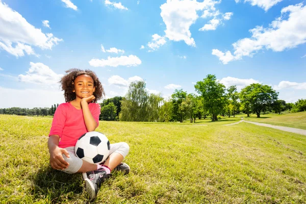 Little Cute Curly Black Beautiful Girl Football Ball Sit Grass — Stock Photo, Image